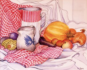 2つの水差しと野菜のある静物、2013年、水彩画と鉛筆